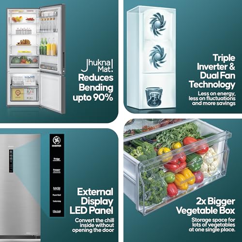 Haier 325 L 3 Star Frost Free Bottom Mount Double Door Refrigerator|Convertible 14-in-1|Jhukna Mat-Bottom Freezer|Digital Display Panel|Triple Inverter|Twist Ice Maker (HEB-333DS-P, Dazzle Steel) - Image 4