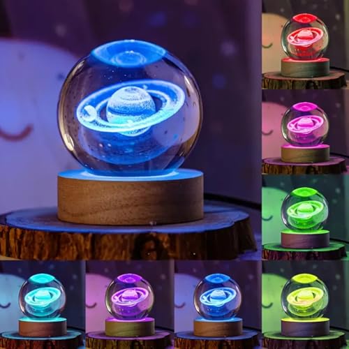 3D Saturn Crystal Ball Lamp - Saturn Crystal Ball Night Light, Automatic Color Changing, 3D Ball Night Light Lamp with USB Powered LED Wooden Base(16 Color Saturn)