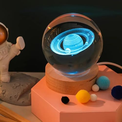 3D Saturn Crystal Ball Lamp - Saturn Crystal Ball Night Light, Automatic Color Changing, 3D Ball Night Light Lamp with USB Powered LED Wooden Base(16 Color Saturn) - Image 3