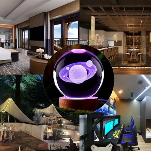 3D Saturn Crystal Ball Lamp - Saturn Crystal Ball Night Light, Automatic Color Changing, 3D Ball Night Light Lamp with USB Powered LED Wooden Base(16 Color Saturn) - Image 6