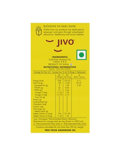 JIVO Cold Pressed Kachi Ghani Chemical Free Mustard Daily Cooking Oil, 1 Litre | Recommended for Roasting, Frying, Baking All type of Cuisines | - Image 3
