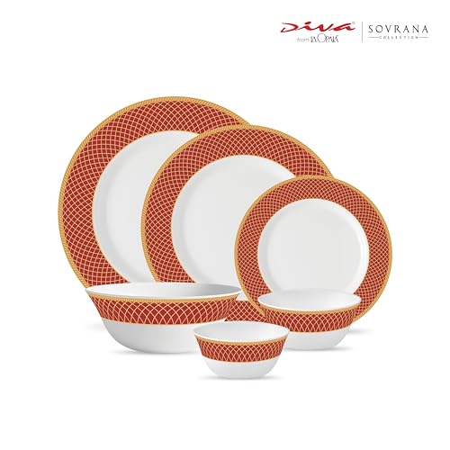 La Opala Diva Sovrana Collection Opal Glass Crockery | for Family of 6 | Dinner Set 27 pcs Regent Red | Plates & Bowls for Dining | Microwave Safe | 100% Vegetarian | Extra Strong | Light & White - Image 2