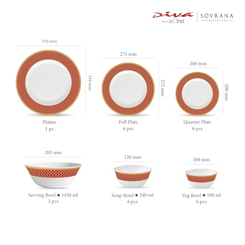 La Opala Diva Sovrana Collection Opal Glass Crockery | for Family of 6 | Dinner Set 27 pcs Regent Red | Plates & Bowls for Dining | Microwave Safe | 100% Vegetarian | Extra Strong | Light & White - Image 3