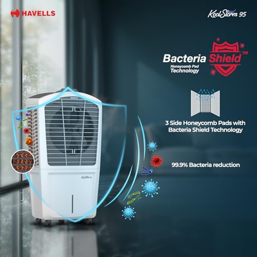 Havells KoolStorm 95 L Desert Air Cooler for Home/Office| Powerful Air-Delivery| Bacteria Shield Honeycomb Pads|XXL Ice Chamber| Ice Chill Drip Technology |Inverter compatible|Front Wheels with brakes - Image 3