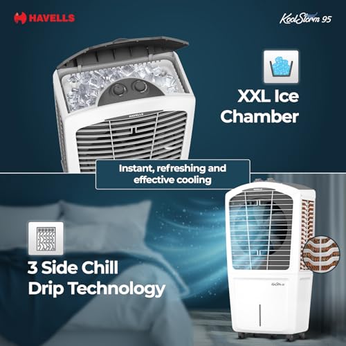Havells KoolStorm 95 L Desert Air Cooler for Home/Office| Powerful Air-Delivery| Bacteria Shield Honeycomb Pads|XXL Ice Chamber| Ice Chill Drip Technology |Inverter compatible|Front Wheels with brakes - Image 4