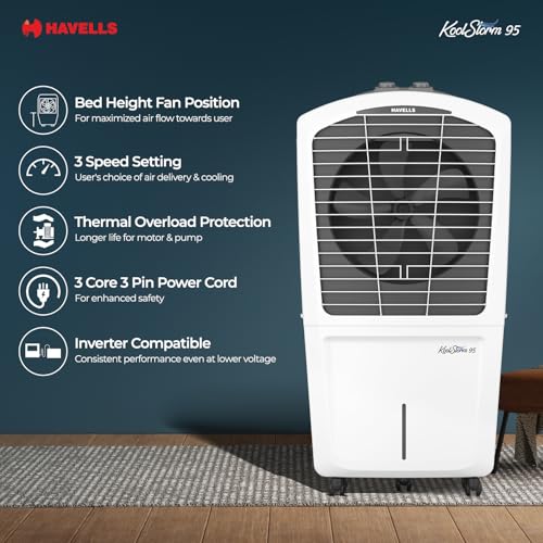 Havells KoolStorm 95 L Desert Air Cooler for Home/Office| Powerful Air-Delivery| Bacteria Shield Honeycomb Pads|XXL Ice Chamber| Ice Chill Drip Technology |Inverter compatible|Front Wheels with brakes - Image 5