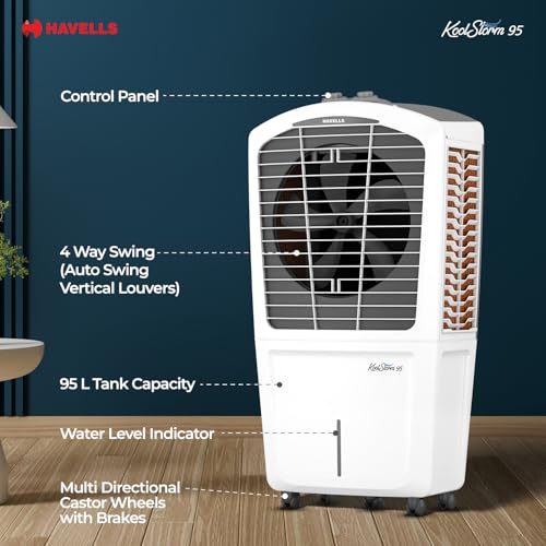 Havells KoolStorm 95 L Desert Air Cooler for Home/Office| Powerful Air-Delivery| Bacteria Shield Honeycomb Pads|XXL Ice Chamber| Ice Chill Drip Technology |Inverter compatible|Front Wheels with brakes - Image 7