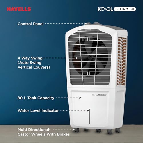 Havells KoolStorm 80 L Desert Air Cooler for Home/Office|Powerful Air-Delivery|Dual Flow Technology| Bacteria Shield Honeycomb Pads|XXL Ice Chamber| Ice Chill Drip Technology|Front Wheels with brakes - Image 3
