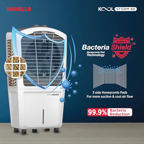 Havells KoolStorm 80 L Desert Air Cooler for Home/Office|Powerful Air-Delivery|Dual Flow Technology| Bacteria Shield Honeycomb Pads|XXL Ice Chamber| Ice Chill Drip Technology|Front Wheels with brakes - Image 5