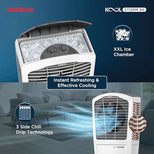 Havells KoolStorm 80 L Desert Air Cooler for Home/Office|Powerful Air-Delivery|Dual Flow Technology| Bacteria Shield Honeycomb Pads|XXL Ice Chamber| Ice Chill Drip Technology|Front Wheels with brakes - Image 6