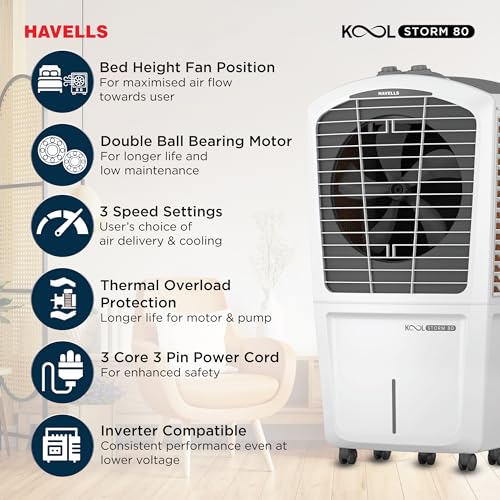 Havells KoolStorm 80 L Desert Air Cooler for Home/Office|Powerful Air-Delivery|Dual Flow Technology| Bacteria Shield Honeycomb Pads|XXL Ice Chamber| Ice Chill Drip Technology|Front Wheels with brakes - Image 7