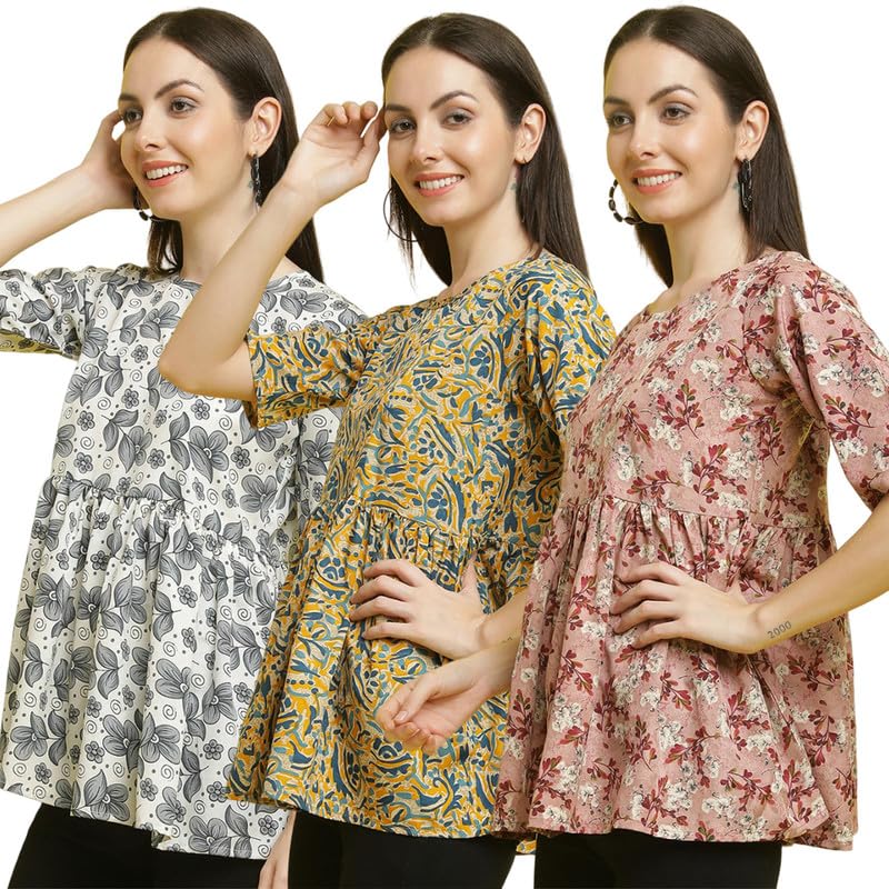 Pinkimint Crape Combo Top for Women ll Stylish Casual Flared Fancy Sleeve Printed Regular Fit Top (Pack of 3)