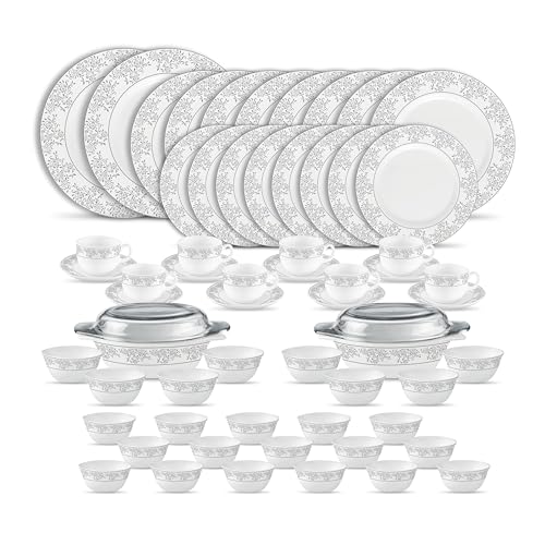 La Opala Diva Velvett Collection Opal Glass Crockery | for Family of 8 | Dinner Set 62 pcs Aria Grey | Plates & Bowls for Dining | Microwave Safe | 100% Vegetarian | Extra Strong | Light & White