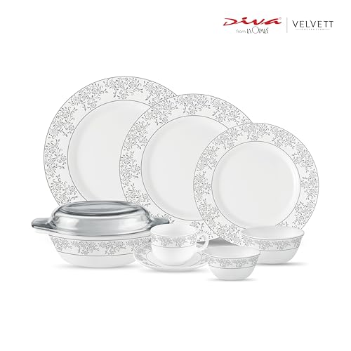 La Opala Diva Velvett Collection Opal Glass Crockery | for Family of 8 | Dinner Set 62 pcs Aria Grey | Plates & Bowls for Dining | Microwave Safe | 100% Vegetarian | Extra Strong | Light & White - Image 4