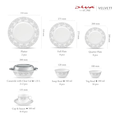 La Opala Diva Velvett Collection Opal Glass Crockery | for Family of 8 | Dinner Set 62 pcs Aria Grey | Plates & Bowls for Dining | Microwave Safe | 100% Vegetarian | Extra Strong | Light & White - Image 5