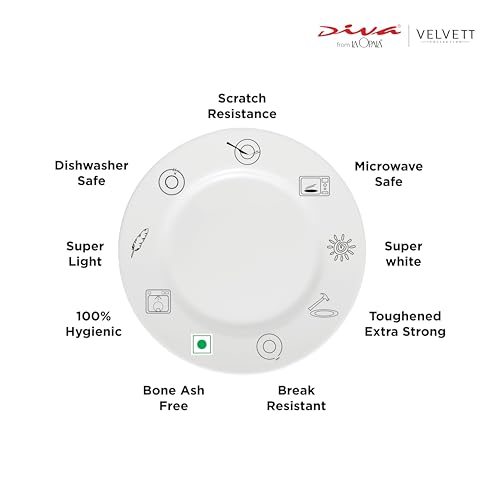 La Opala Diva Velvett Collection Opal Glass Crockery | for Family of 8 | Dinner Set 62 pcs Aria Grey | Plates & Bowls for Dining | Microwave Safe | 100% Vegetarian | Extra Strong | Light & White - Image 6