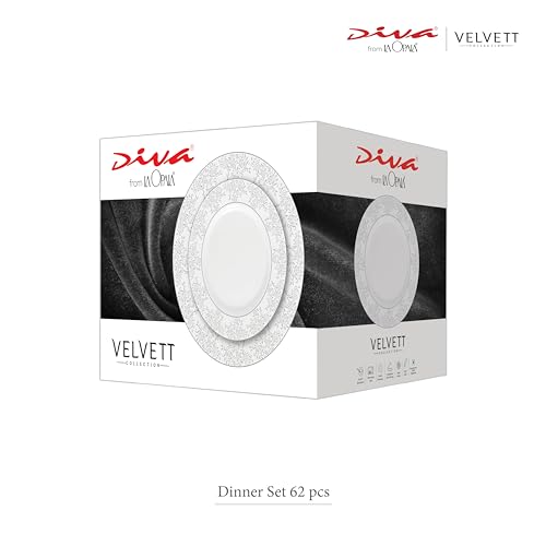 La Opala Diva Velvett Collection Opal Glass Crockery | for Family of 8 | Dinner Set 62 pcs Aria Grey | Plates & Bowls for Dining | Microwave Safe | 100% Vegetarian | Extra Strong | Light & White - Image 7