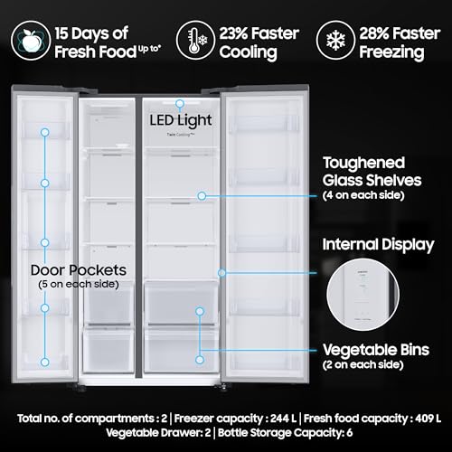 Samsung 653 L, 2 Star, Frost Free, Double Door, Convertible 5-in-1 Digital Inverter, Side By Side Refrigerator (RS76CG80X0S9HL, Silver, Refined Inox) - Image 3