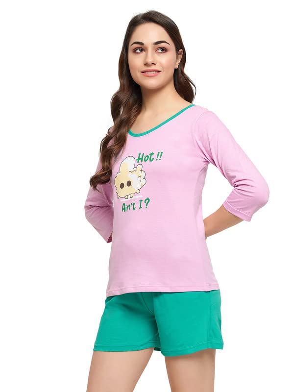 Clovia Women's Cotton Graphic and Text Print Top & Chic Basic Shorts Set - Image 2