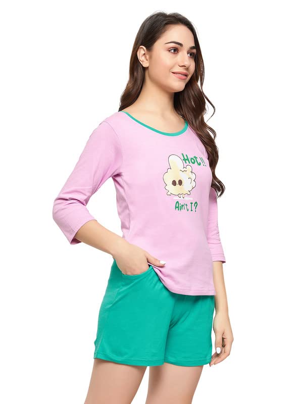 Clovia Women's Cotton Graphic and Text Print Top & Chic Basic Shorts Set - Image 3