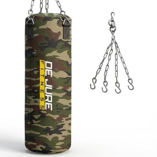 De Jure Fitness Heavy Duty Filled Punching Bag with Rust-Proof Steel Hanging Chain | Durable Polyester Fabric | Comfortable Recycled Filling | Boxing MMA, Kickboxing (Camo-Polyester - Filled, 2 Ft)