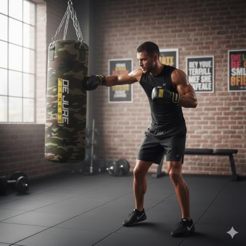 De Jure Fitness Heavy Duty Filled Punching Bag with Rust-Proof Steel Hanging Chain | Durable Polyester Fabric | Comfortable Recycled Filling | Boxing MMA, Kickboxing (Camo-Polyester - Filled, 2 Ft) - Image 3