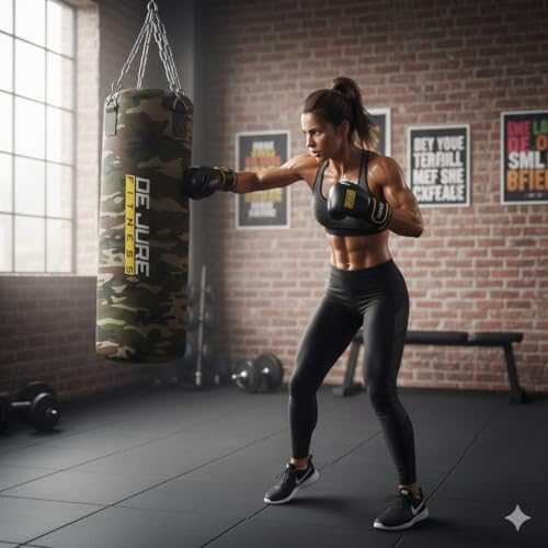 De Jure Fitness Heavy Duty Filled Punching Bag with Rust-Proof Steel Hanging Chain | Durable Polyester Fabric | Comfortable Recycled Filling | Boxing MMA, Kickboxing (Camo-Polyester - Filled, 2 Ft) - Image 4