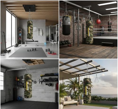 De Jure Fitness Heavy Duty Filled Punching Bag with Rust-Proof Steel Hanging Chain | Durable Polyester Fabric | Comfortable Recycled Filling | Boxing MMA, Kickboxing (Camo-Polyester - Filled, 2 Ft) - Image 7