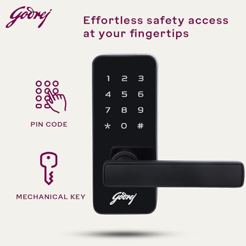 Godrej Smart Lock I Catus Touch I Digital Lock for Main and Internal Wooden Door I 2 in 1 Access I Pin Access I Mechanical Key I Black Finish I 3 Years Warranty | Free Installation - Image 5