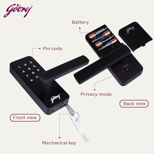 Godrej Smart Lock I Catus Touch I Digital Lock for Main and Internal Wooden Door I 2 in 1 Access I Pin Access I Mechanical Key I Black Finish I 3 Years Warranty | Free Installation - Image 6