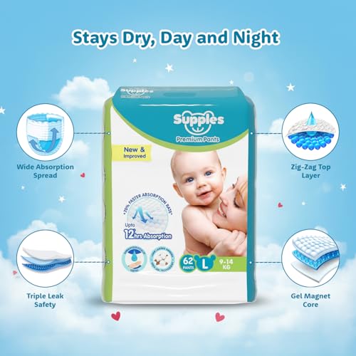 Amazon Brand - Supples Premium Baby Diaper Pants | 62 Baby Diapers | Large | 9-14 Kg | 12 Hrs Absorption | Cushiony Cotton Soft Fabric | Phthalates-Free | Triple Leak Guard - Image 4