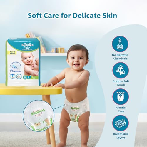 Amazon Brand - Supples Premium Baby Diaper Pants | 62 Baby Diapers | Large | 9-14 Kg | 12 Hrs Absorption | Cushiony Cotton Soft Fabric | Phthalates-Free | Triple Leak Guard - Image 5