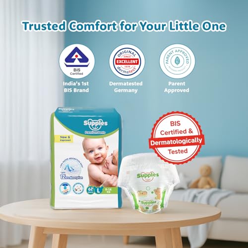 Amazon Brand - Supples Premium Baby Diaper Pants | 62 Baby Diapers | Large | 9-14 Kg | 12 Hrs Absorption | Cushiony Cotton Soft Fabric | Phthalates-Free | Triple Leak Guard - Image 7