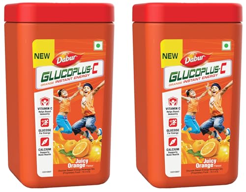 Dabur GlucoPlus-C Instant Energy Glucose Juicy & Tasty Orange Flavour Powder- 400g Jar | Glucose Replenishes Energy | 25% more Glucose| Vitamin C helps Boosts Immunity | Calcium Supports Bone Health