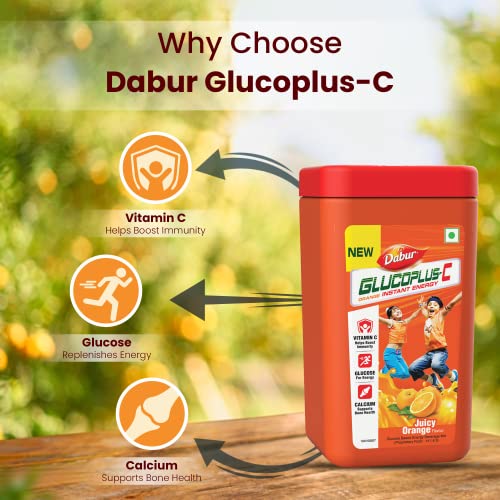 Dabur GlucoPlus-C Instant Energy Glucose Juicy & Tasty Orange Flavour Powder- 400g Jar | Glucose Replenishes Energy | 25% more Glucose| Vitamin C helps Boosts Immunity | Calcium Supports Bone Health - Image 4