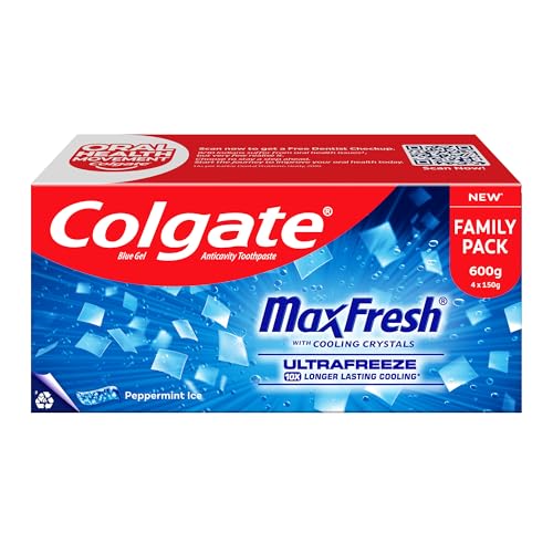 Colgate MaxFresh Toothpaste, Blue Gel Paste with Menthol for Super Fresh Breath, 600g, 150g X 4 (Peppermint Ice, Combo Pack)