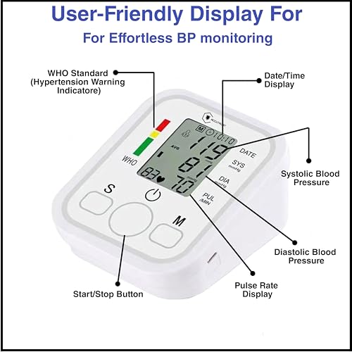 Digital Blood Pressure Monitor for Upper Arm with Large LCD Display, Hypertension Indicator, 2 User Memory (90 Readings), Pulse Rate & Heartbeat Detection – Automatic BP Machine - Image 2