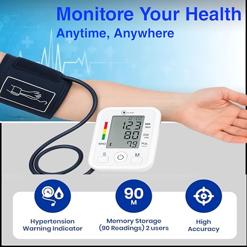 Digital Blood Pressure Monitor for Upper Arm with Large LCD Display, Hypertension Indicator, 2 User Memory (90 Readings), Pulse Rate & Heartbeat Detection – Automatic BP Machine - Image 4