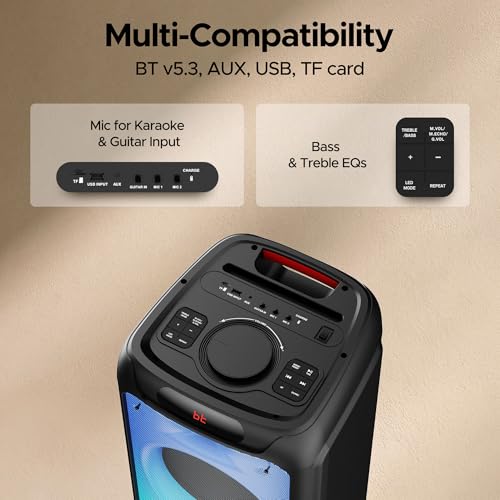 boAt Partypal 390/400 Speaker w/ 160 W Signature Sound, Karaoke with 2 Microphone Input Ports, Up to 6 hrs Playtime, EQ Modes, TWS Mode, Bluetooth v5.3, AUX & USB Type-C Port, Space Black - Image 7