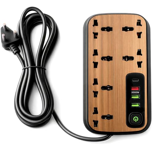 Premium Wooden Finish Extension Board with 6 Universal Sockets, 3 USB Ports, 1 Type-C, 2000W Power Strip with LED Display and Master Switch, Multi Plug Board for Home & Office