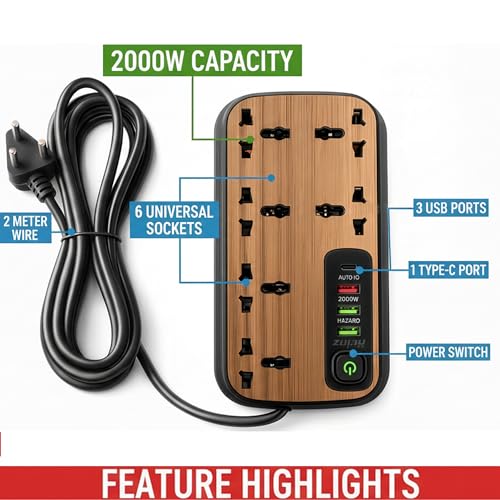 Premium Wooden Finish Extension Board with 6 Universal Sockets, 3 USB Ports, 1 Type-C, 2000W Power Strip with LED Display and Master Switch, Multi Plug Board for Home & Office - Image 2