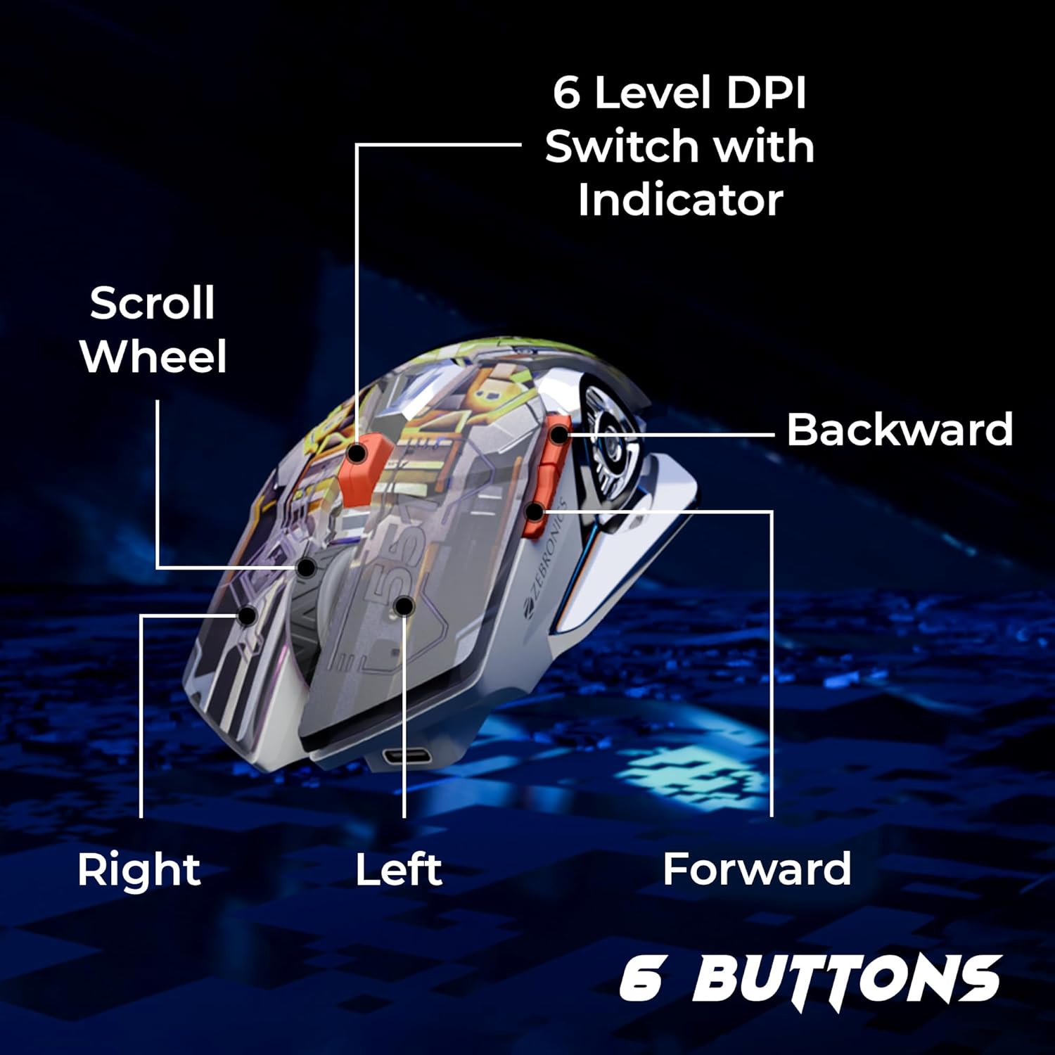 Zebronics Transformer M Plus Wired Gaming Mouse, Up to 12800 DPI, 6 Buttons with a 6-Level DPI Switch, 8 RGB Modes, 1000Hz Polling Rate, 1.5m Detachable Cable, Gaming Grade Sensor (Mech Orange) - Image 5