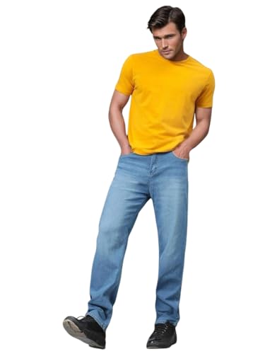 KOTTY Men's Solid Montreux Blue Button Straight Fit Jeans