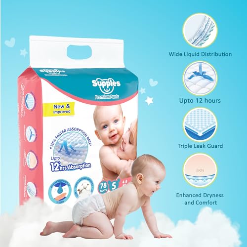 Amazon Brand - Supples Premium Baby Diaper Pants | 78 Baby Diapers | Small | 4-8 Kg | 12 Hrs Absorption | Cushiony Cotton Soft Fabric | Phthalates-Free | Triple Leak Guard - Image 4