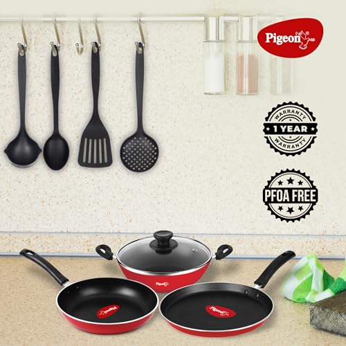 Pigeon Mio Non Induction Base Nonstick Aluminium Cookware Gift Set, Includes Nonstick Flat Tawa, Nonstick Fry Pan, Kitchen Tool Set, Nonstick Kadai with Glass Lid, 8 Pieces Kitchen Set (Red) - Image 3
