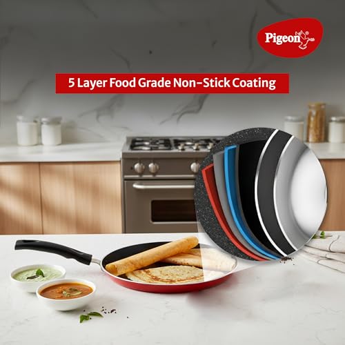 Pigeon Mio Non Induction Base Nonstick Aluminium Cookware Gift Set, Includes Nonstick Flat Tawa, Nonstick Fry Pan, Kitchen Tool Set, Nonstick Kadai with Glass Lid, 8 Pieces Kitchen Set (Red) - Image 4
