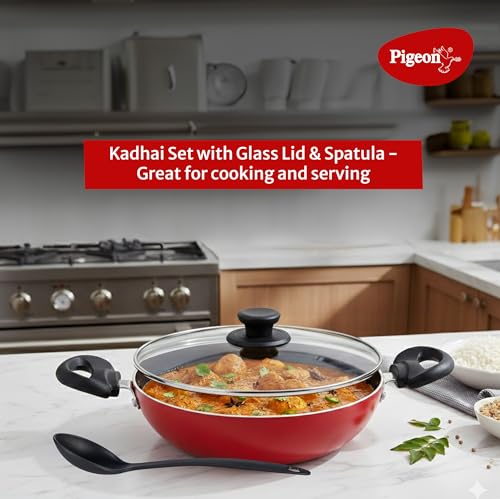 Pigeon Mio Non Induction Base Nonstick Aluminium Cookware Gift Set, Includes Nonstick Flat Tawa, Nonstick Fry Pan, Kitchen Tool Set, Nonstick Kadai with Glass Lid, 8 Pieces Kitchen Set (Red) - Image 6