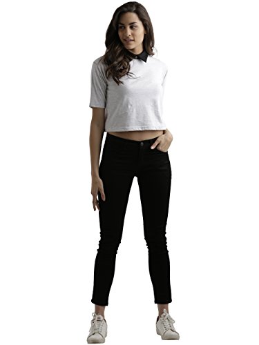 Miss Chase Women's Navy Blue and Grey Collar Neck Half Sleeves Solid Boxy Crop Top - Image 2