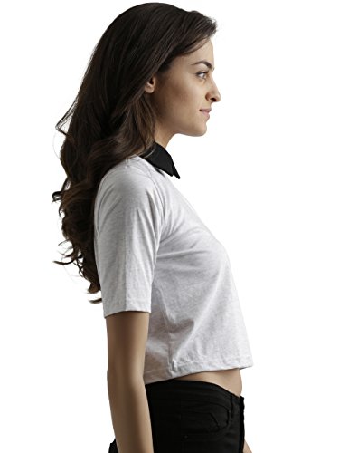 Miss Chase Women's Navy Blue and Grey Collar Neck Half Sleeves Solid Boxy Crop Top - Image 3