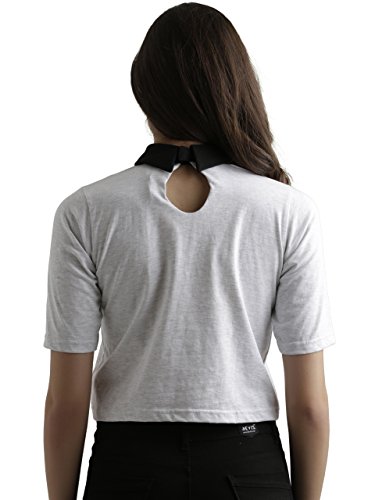 Miss Chase Women's Navy Blue and Grey Collar Neck Half Sleeves Solid Boxy Crop Top - Image 4